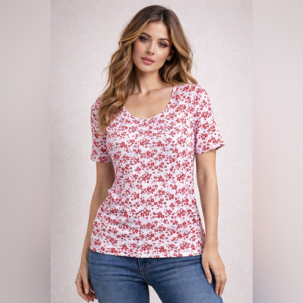 Time and True Women White Red Floral Scoop Neck T-Shirt Top Short Sleeve Sz L